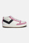 #1 Mid sneaker side view in white and pink – recycled PU upper with black chevron and mid‑top collar.
