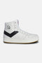 City Wings High Top sneaker side view in white and black – full‑grain leather upper, with black PONY chevron stripe, unique City Wings sticker style graphic and gum sole