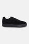 Highbridge Low sneaker side view in black – suede upper with tonal stitching, minimalist design and vulcanised gum sole.