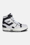 M‑100 High Top sneaker in white and black – side view showing the PONY chevron stripe, full‑grain leather upper and high padded collar.