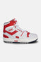 M‑100 High Top sneaker in white and red – side view showing the PONY chevron stripe, full‑grain leather upper and high padded collar.