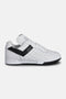 Madrid 82 trainer side view in white and black – full grain leather upper with stitch detailing and rugged turf outsole.