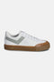 Slam Dunk Low trainer side view in white canvas with grey PONY chevron stripe and gum sole.